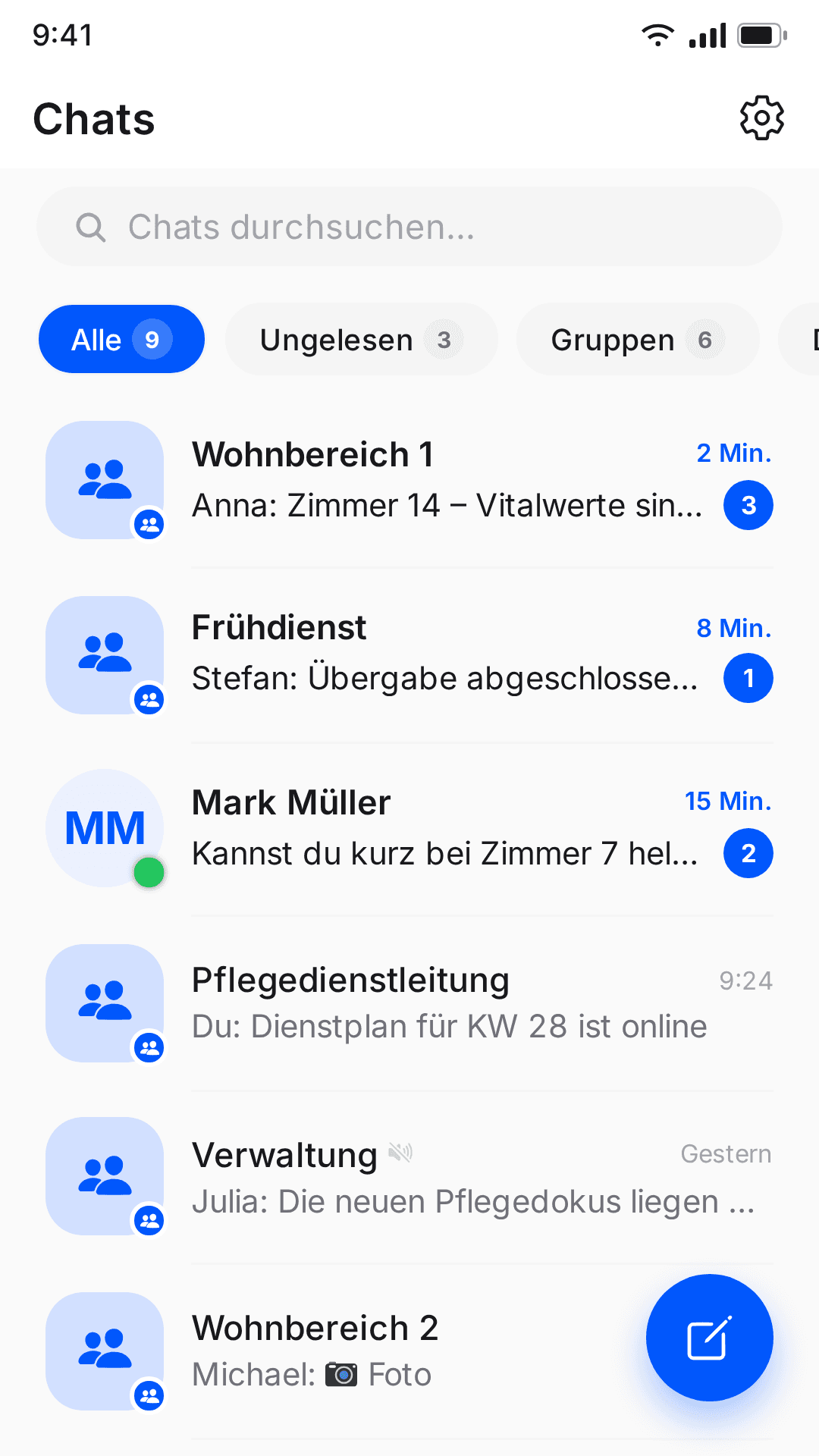 Logensa Mobile App – Chatübersicht mit Team- und Gruppenchats